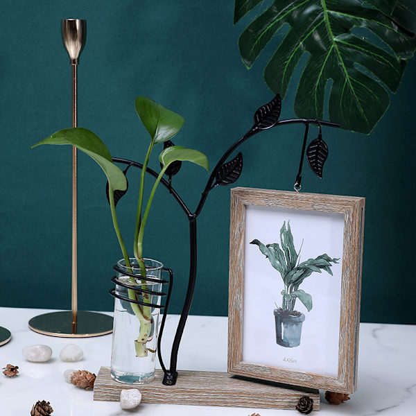 Træ Foto Ramme 6x4 Med Vase Og Metal Træ Rustik Familie Billederammer Dobbeltsidet Unik Pynt Familie Mors Dag Gave