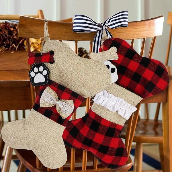 Hunde-julestrømper Sæt med 2, Buffalo Plaid-julestrømper Store knogleformede Hængende kæledyrsstrømper til pynt