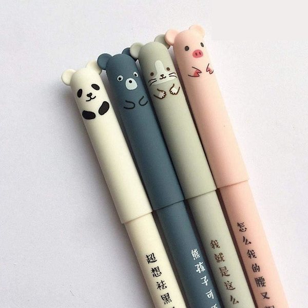 4-pack gelpennor 0,35 mm svart bläck djur gelpennor raderbara gris panda mus björn pennor för skola kontor papperssaker studenter