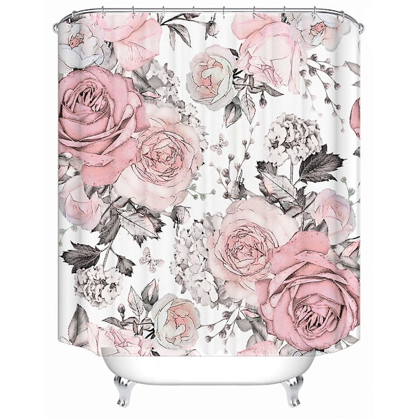 Söt duschdraperi för badrum i tyg, modernt, enkelt, vattentätt duschdraperi, rosa blommönster, 180*180cm
