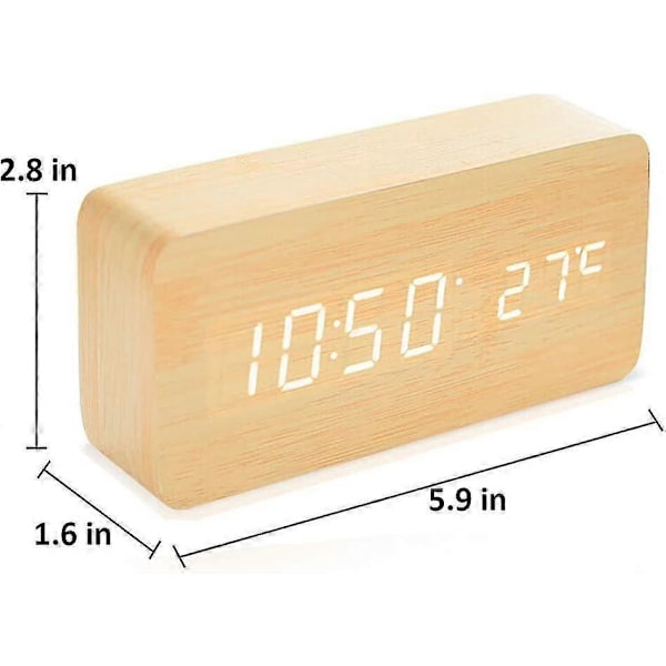 Trädigital klocka med multifunktionell LED-väckarklocka med tid/temperatur/datumvisning och röststyrning (gul)