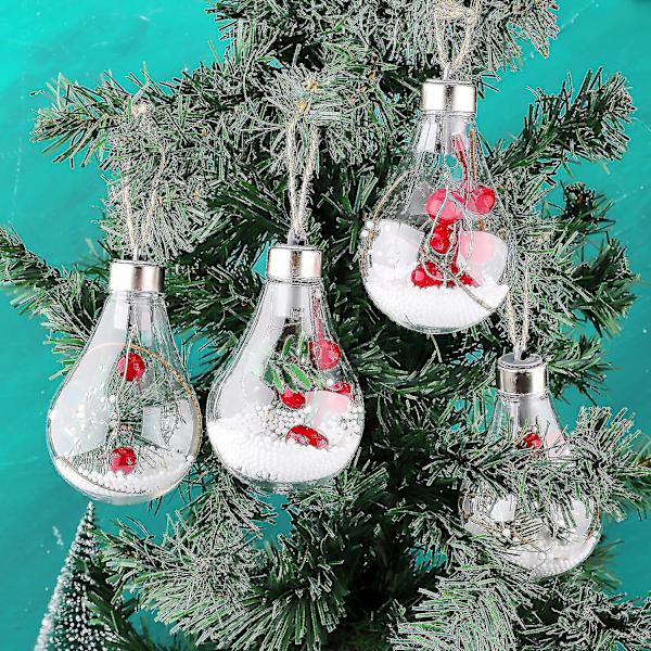 Julekuler i Klar Plast, 4 stk. Hengende Julekulepynt med LED-lys, Kunstig Snø og Bær, Furu Nåler