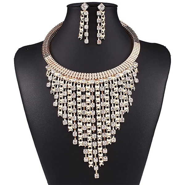 Rhinestone Statement Halskæde Øreringe Sæt Kvast Bib Choker Halskæde Etniske Chunky Halskæder til Kvinder Piger - Guld