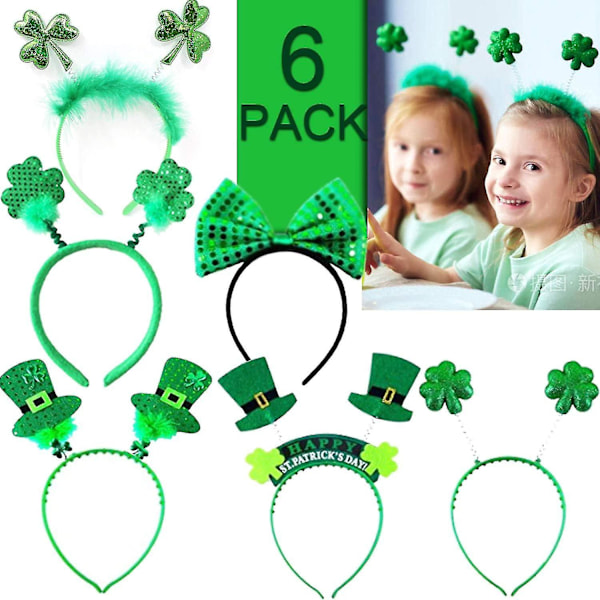 6 Pieces St. Patricks Day Shamrock Clover Headbands Set, Cute Green Top Hat Head Boppers Irish Bowknot Hair Hoop Decoration