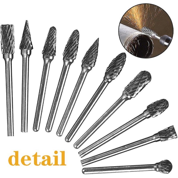 10 st Tungsten Carbide Rotary Burr Set 1/8\" Skaft/Enkelskurna Carbide Burrs med 3mm Skaft/Tungsten Carbide Enkelskurna Rotary Burrs