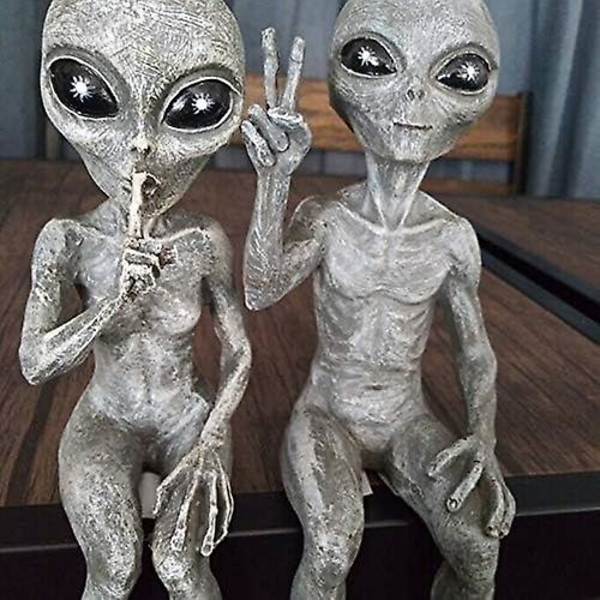 Utomjordisk statyett, set med 2 rymdvarelse statyer, utomjordisk staty, trädgårdsfigur, harts skulptur för hemmakontor trädgård uteplats gräsmatta