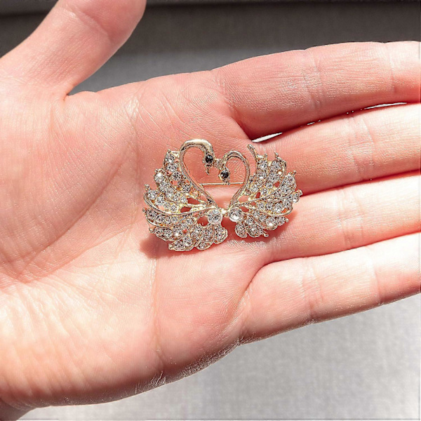 Guld Färg Dubbel Svan Vit Rhinestone Kristall Brosch Pin för Kvinna Flicka Dam Bröllop Fest
