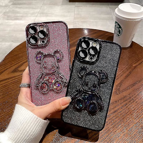 Elektropläterad iPhone 14 Pro Max-fodral för kvinnor Lyxigt flytande fodral med inbyggt kameraskydd Klar glittrande björn Smalt stötsäkert