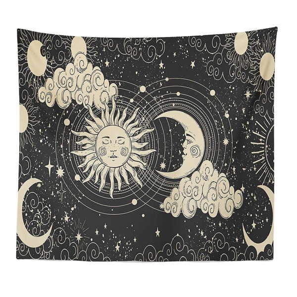 Auringon ja Kuun kuvakudos Esteettinen Sun Moon Tapestry Musta Tumma Spiritual Tapetes Seinäkoriste Makuuhuoneeseen, Olohuoneeseen (51"x59", Kuu ja S