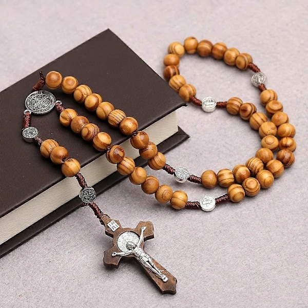 10MM Träpärlor Rosenkrans Kors Halsband För Kvinnor Män Kristen Jungfru Maria INRI Hänge Kedja Mode Religion Smycken Straggle Steipos