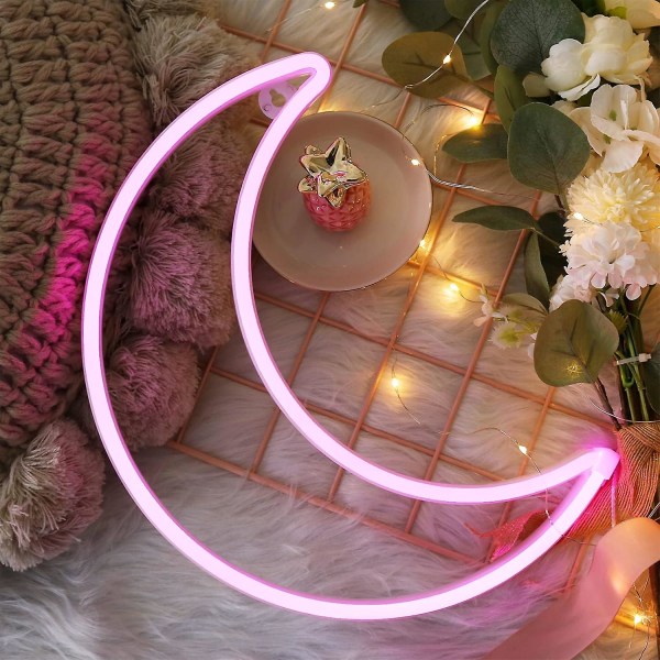 LED-månneonskylt, söt neonskylt i form av en måne, julrumsdekoration, batteridriven eller USB-driven konst-LED-dekorationsljus, nattlampa för hem, sovrum, kontor, sovsal, fest (rosa måne)