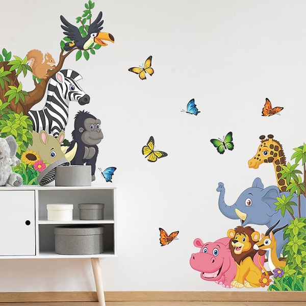 Set med 1 Väggdekor för tecknade djur Djungeldjur Väggdekaler Elefant Lejon Zebra Fjäril Väggdekor Barn Baby Gör-det-själv väggmålning Konst för dagis P