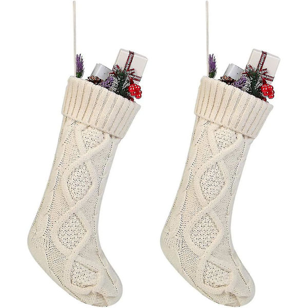 Kabelstickade Julstrumpor Set med 2, Vit, Grön och Röd, Klassiska Dekorationer, 18 cm