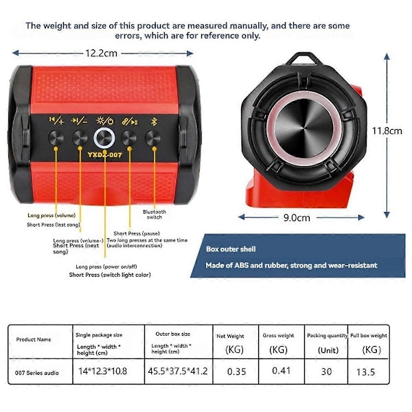 HIFI Bluetooth-högtalare 3D-stereo RGB-atmosfärsbelysning för karaoke med 18-20V litiumbatteri