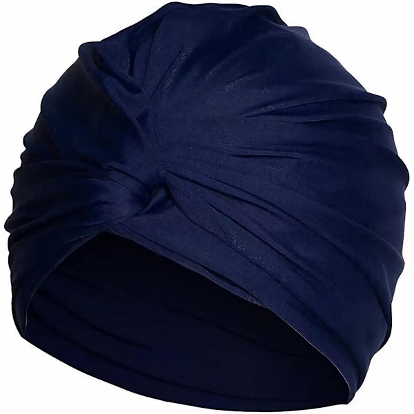 Stof Svømmehætte Plisseret Svømmehat Kvinder Svømmehætte til Turban Hat, Navy Blå