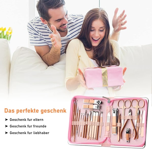 Manikyrset 26-delad professionell nagelklippare set, rostfritt stål verktygssats för nagelvård, pedikyrset för fotvård (rosa)