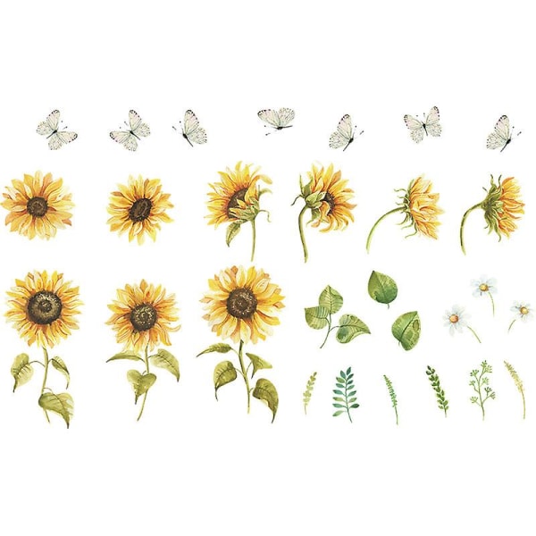 Solrosväggdekal, gul blomdekal för flickrum, trädgårdsblomma väggdekor, växtblomma fönsterväggdekor, fjärilsväggdekal för livi