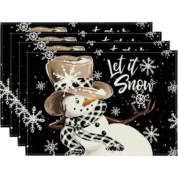 Svart Snögubbe Snöflinga Låt Det Snöa Vinter Underlägg Set Om 4, 30x 45cm Säsongsbetonad Julbordsskydd För Fest Kök Matrum Dekoration