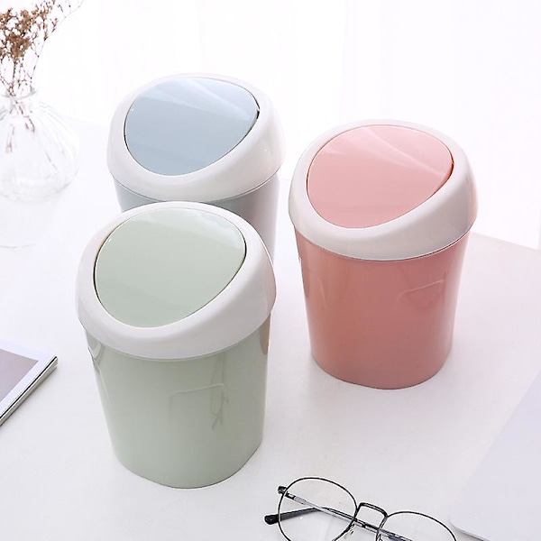 3 Mini Plast Søppelkasser, Liten Skrivebord Søppelbøtte med Roterende Lokk, for Hjem, Kontor, Kjøkken, Forfengelighet, Soverom, Bad (Blå+Grønn+Rosa)