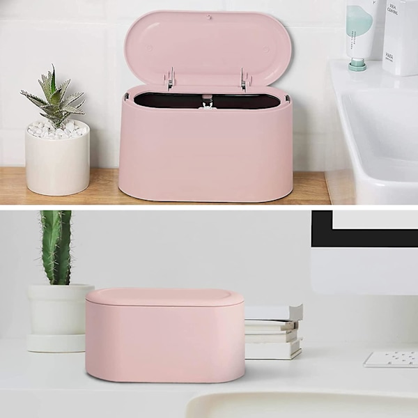 Liten bordavfallsbeholder, mini søppelbøtte i plast med lokk for bad, kontor, soverom og bil, skrivebordsbeholder (rosa)