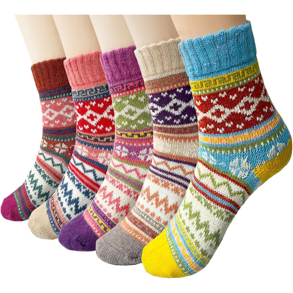 5 par dame vinter ullsokker, fargerike mønster strikkede sokker