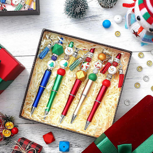 1 Set Julkuladdpenna med Färgglada Silikonpärlor Snögubbe Tomte Träd Charm DIY Plastpärlade Penna Festivalpresent (B)