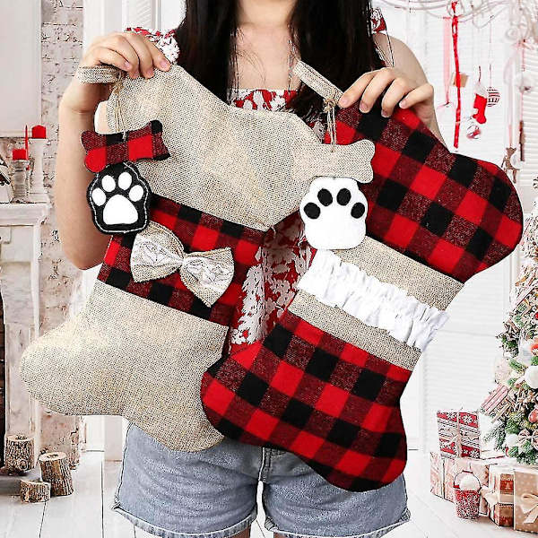 2 stk. Jule Strømper til Hunde, Burlap Plaid Stor Knogleformet Hundeforestillinger, Klassiske Hængende Strømper til Julepynt