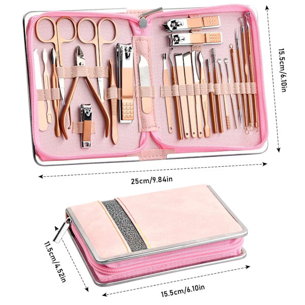 Manikyrset 26-delad professionell nagelklippare set, rostfritt stål verktygssats för nagelvård, pedikyrset för fotvård (rosa)