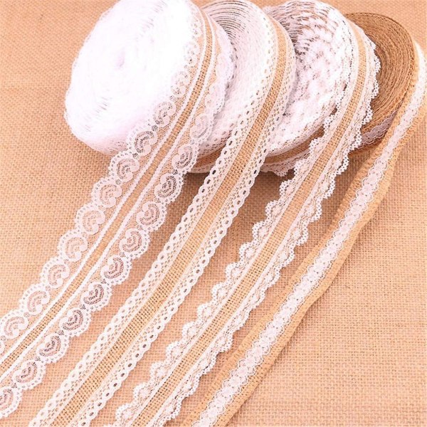 4 delar juteband med vit spets Vintage säckväv, spetsband för sömnad gör-det-själv hantverk Bröllopsfest Juldekoration
