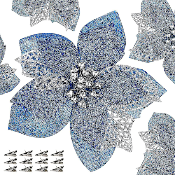 12 Pcs Poinsettia Flower Artificial Poinsettia Christmas Decoration 5.9'' Blue Glitter Poinsettias