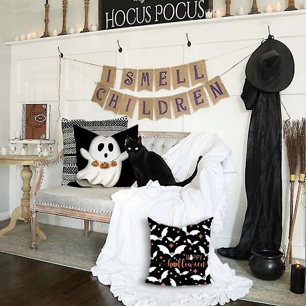 Halloween Kuddfodral 20x20 Tum Set om 4 - Spöken Pumpor Fladdermöss Dekoration