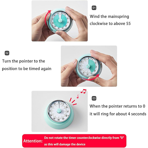 Rustfrit stål vintage køkkentimer med magnetisk bagside, 60-minutters nedtælling og høj ring - Ideel mekanisk timer (grøn)