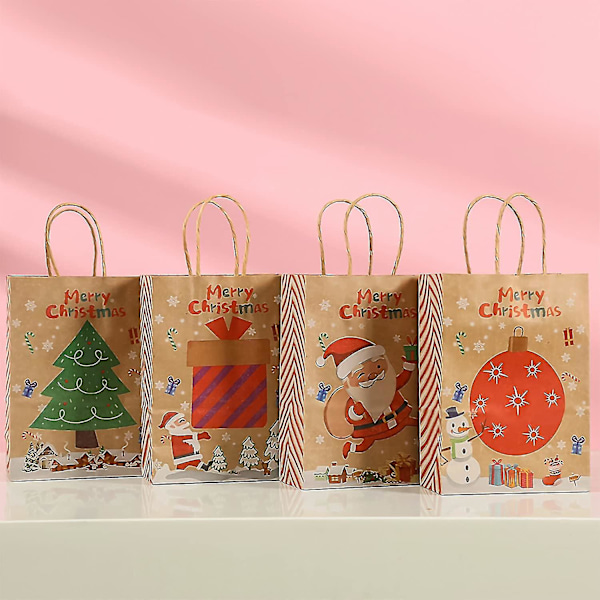 24 Julklappspåsar med Handtag, Julklappspåsar i Papper med Festliga Tryck