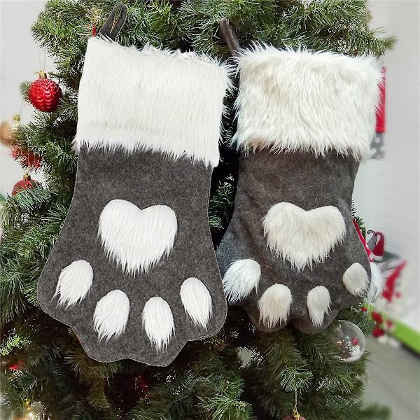 Julstrumpor för hund och katt med tassmotiv, plysch & rutig hängande strumpor för juldekorationer (stor/18 tum, 2-pack/grå)