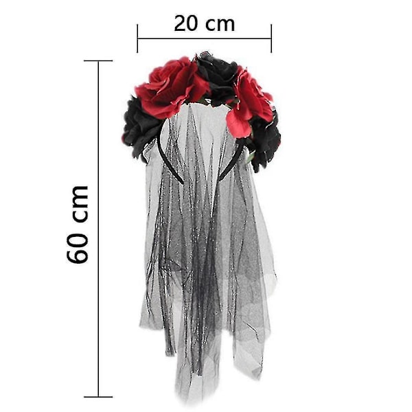 Rose Blomster Slør Halloween Kostume Pandebånd Dødedag Hovedbeklædning Til Festival Karneval Fest (sort og rød)