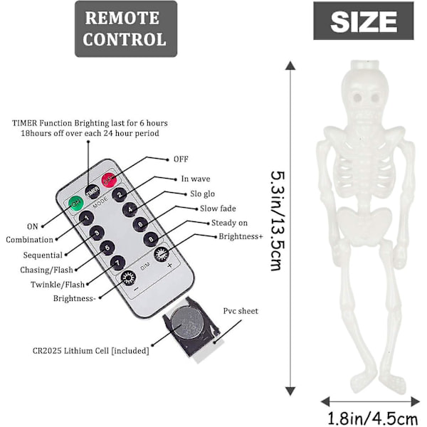 Halloween-skjelett-skalle-lyslenke - 9,8 fot/3 m 20 LED-er Skjelett 8 Moduser Vanntette Batteridrevne Lyslenker Med Fjernkontroll For Dekorasjon