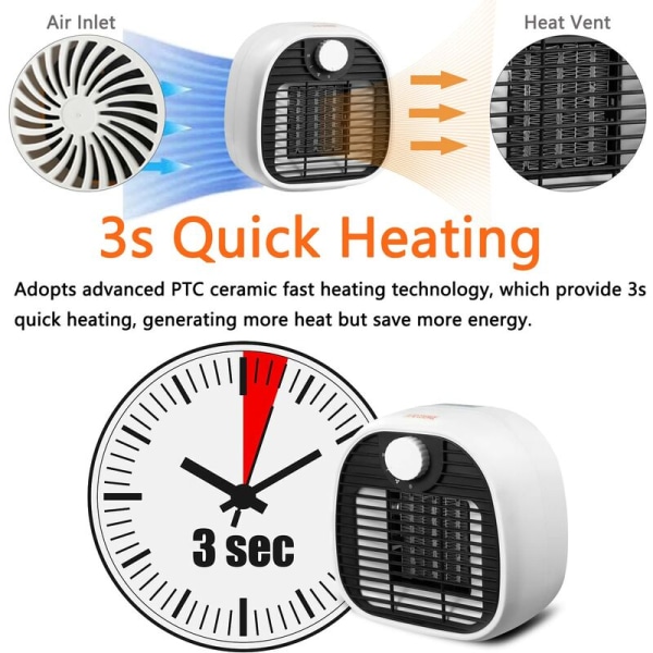 1000W keramisk värmare - Mini värmefläkt med 3 temperaturinställningar, överhettningsskydd