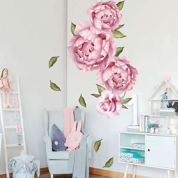 Rosa blommor Väggdekaler Akvarell Pion Rose Väggdekaler för sovrum, ömtåliga pioner Blommor Väggaffischer Vinyl Skal och Stick Blossom Konst väggmålningar