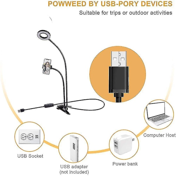 Ringlys med Telefonholder Stativ til Live Stream/makeup, sort, 1 stk Hs