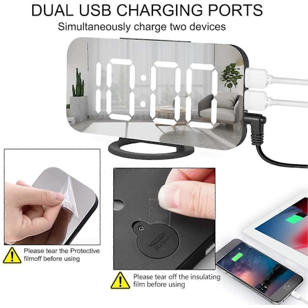 Digital väckarklocka, stor spegel LED-klocka, snooze, svagt nattljus, 2 USB-laddningsportar