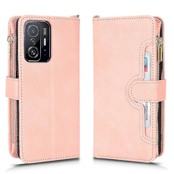 Kompatibel med Xiaomi Mi 11t/11t Pro Cover Lynlås Magnetisk Tegnebog Kort Holder PU Læder Flip Case (Pink)