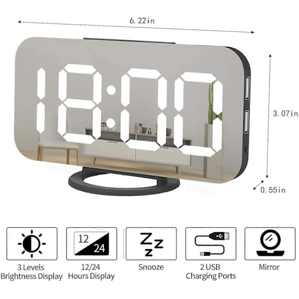 Digital väckarklocka, stor spegel LED-klocka, snooze, svagt nattljus, 2 USB-laddningsportar