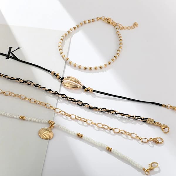/EA/(svart) 5 stk Boho perleankel Multilayer Silver Anklet Chain Brtacelets Strandtilbehør