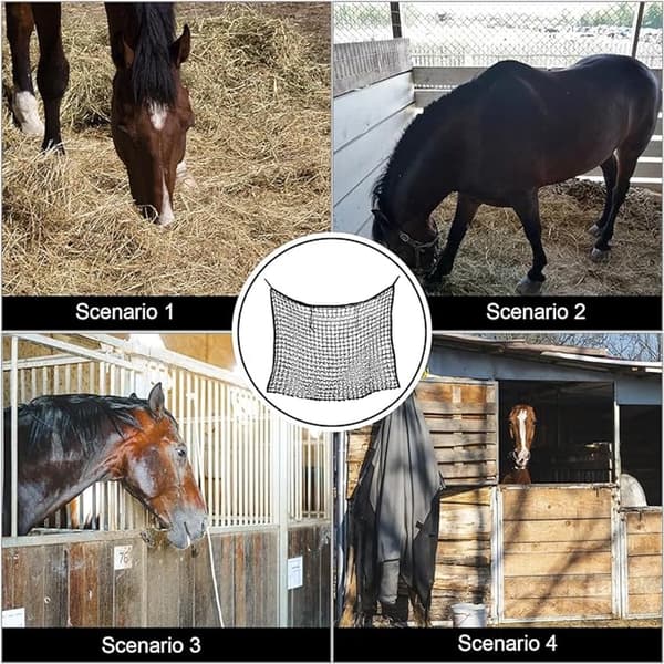 Hest Hønet Langsom Foderautomat, Kraftig Polyester Knudeløst Hængende Fodernet til Staldtrailer, Sort 90 x 80 cm