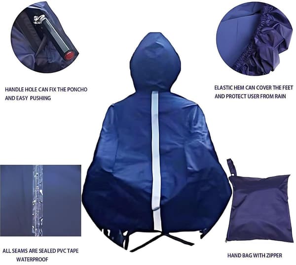 Vanntett regnponcho for rullestol med refleksstriper, overdimensjonert hette og festeløkker for eldre og funksjonshemmede, blå