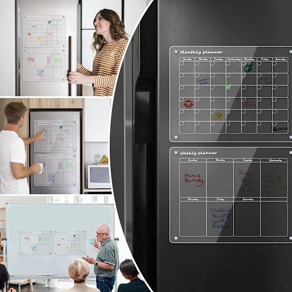 Magnetisk avtorkningsbar kalender 2-pack 40 x 30 cm, veckoplanerare månadsplanerare akryl transparent magnetisk whiteboard tidsschema kan torkas av för kylskåp 400*300 vecko- och månadskombination