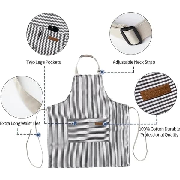 Aprons for Women with Pockets Unisex Adults Cooking Baking Kitchen Chef Cotton Apron Adjustable Bib