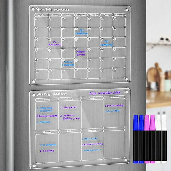 Magnetisk avtorkningsbar kalender 2-pack 40 x 30 cm, veckoplanerare månadsplanerare akryl transparent magnetisk whiteboard tidsschema kan torkas av för kylskåp 400*300 vecko- och månadskombination
