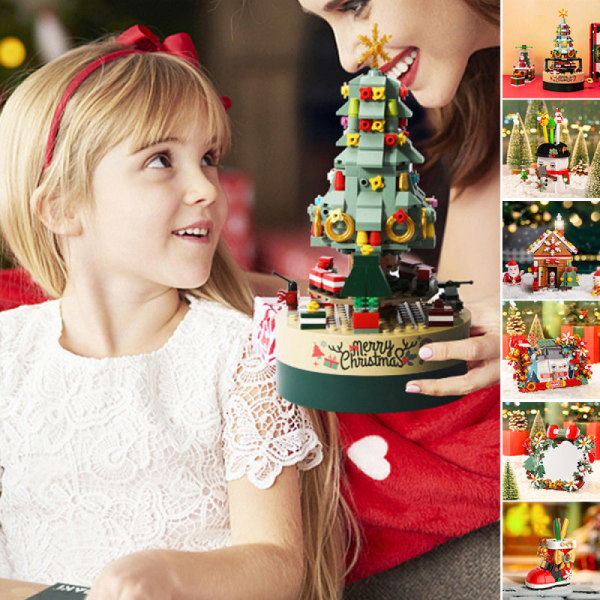 Juletræ byggeklodser sæt, julemusikæske, roterende juleklodser legetøj Spegel