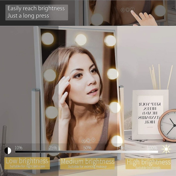 Hollywood spejl med lys stort lys makeup spejl forfængelighed makeup spejl smart touch kontrol 3 farver Dimable Light Detacha